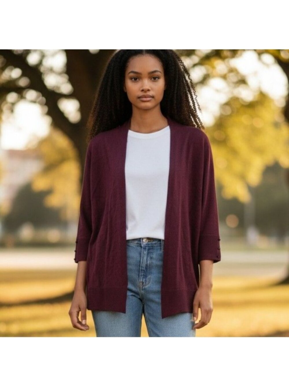 Evolution Burgundy Open-Front Button Cuff Cardigan Small
